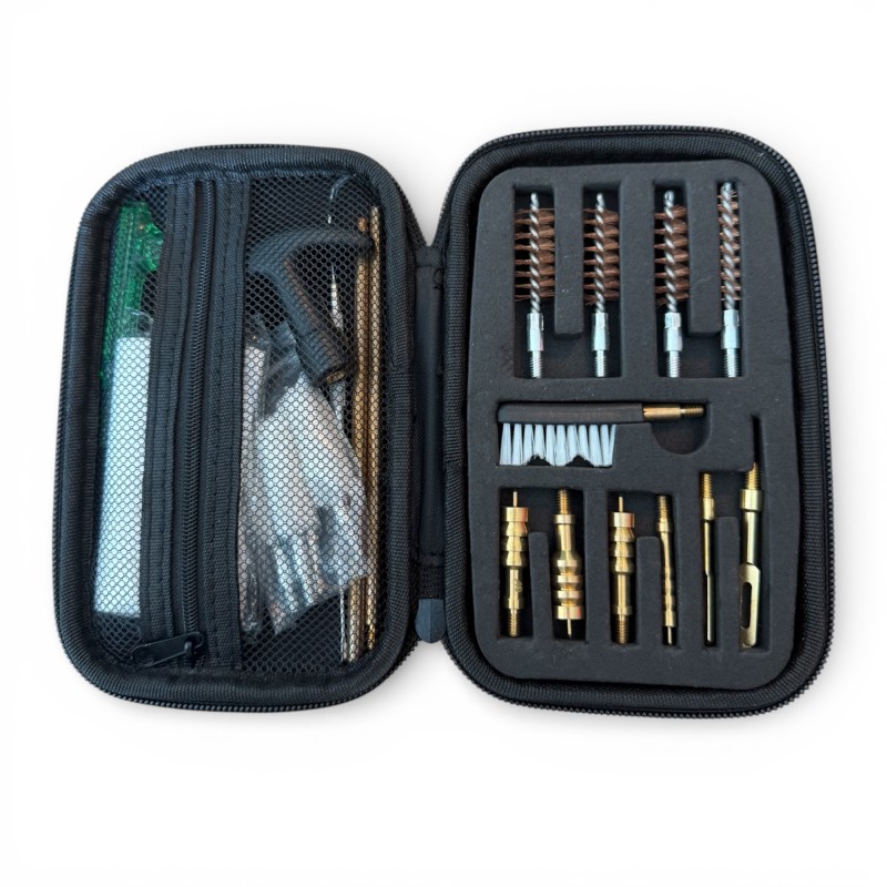 Kit universel de nettoyage multicalibre 21 pièces, rangé dans sa trousse zippée.